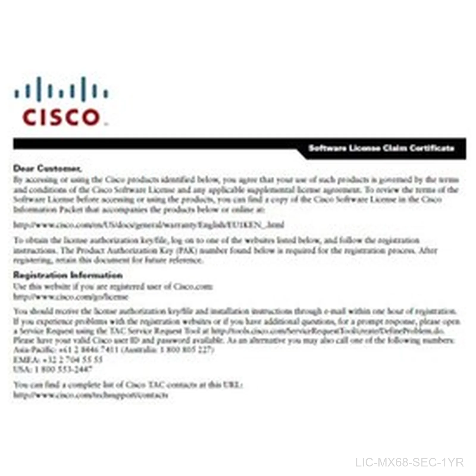 [LIC-MX68-SEC-1YR] Cisco Meraki LIC-MX68-SEC-1YR Advanced Security License for MX68, 1-Year