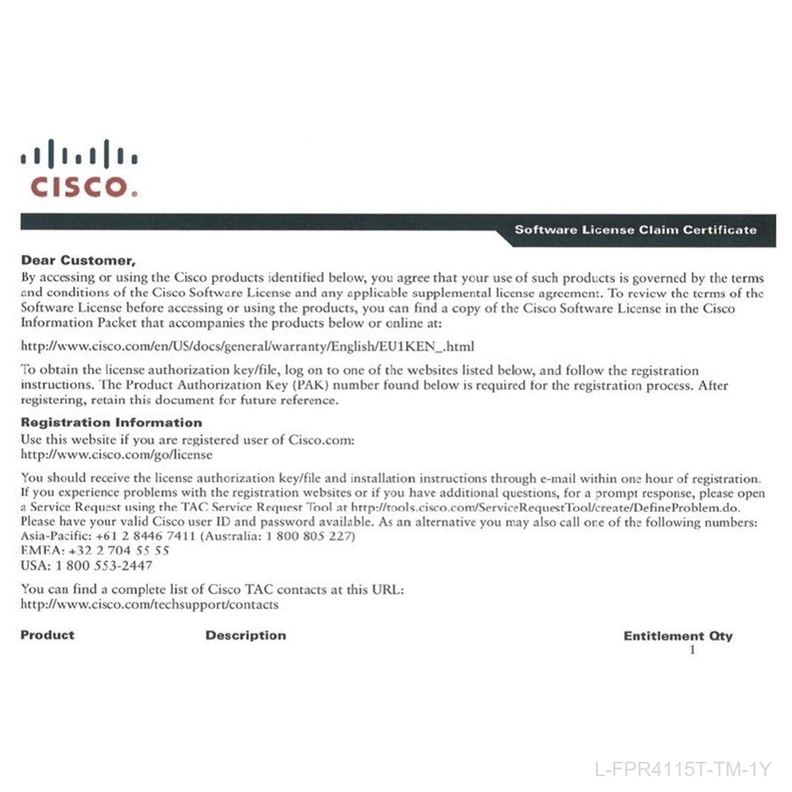 [L-FPR4115T-TM-1Y] Cisco L-FPR4115T-TM-1Y – Firepower 4115 Threat Defense Threat and Malware 1-Year Subscription License