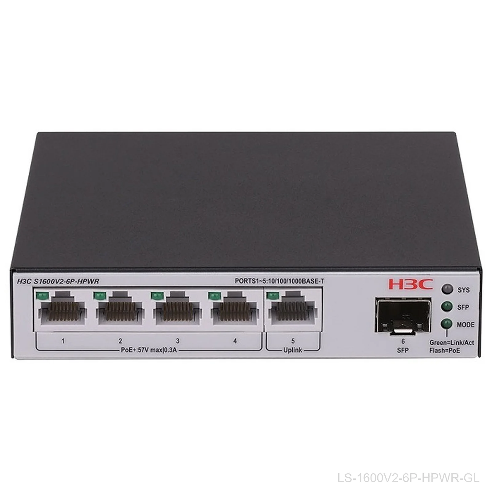 [LS-1600V2-6P-HPWR-GL] H3C LS-1600V2-6P-HPWR-GL 5-Port Web Managed PoE+ Switch, 73W, 1x SFP, 9801A68X