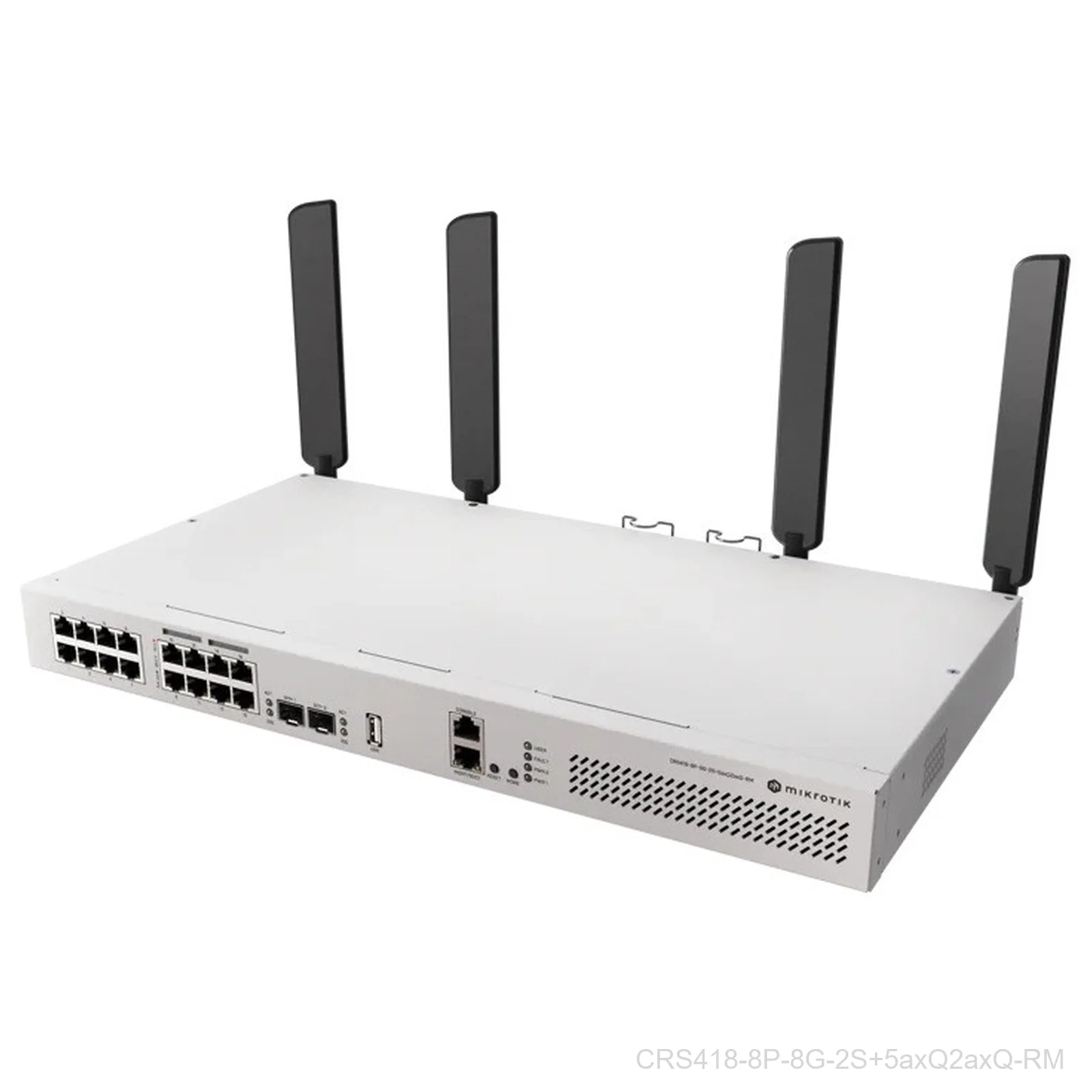[CRS418-8P-8G-2S+5axQ2axQ-RM] Mikrotik Cloud Router Switch 418-8P-8G-2S+RM with quad-core IPQ-8072 2.2GHz ARM CPU, 1 GB RAM, 98DX226S switch chip, 17 x Gigabit