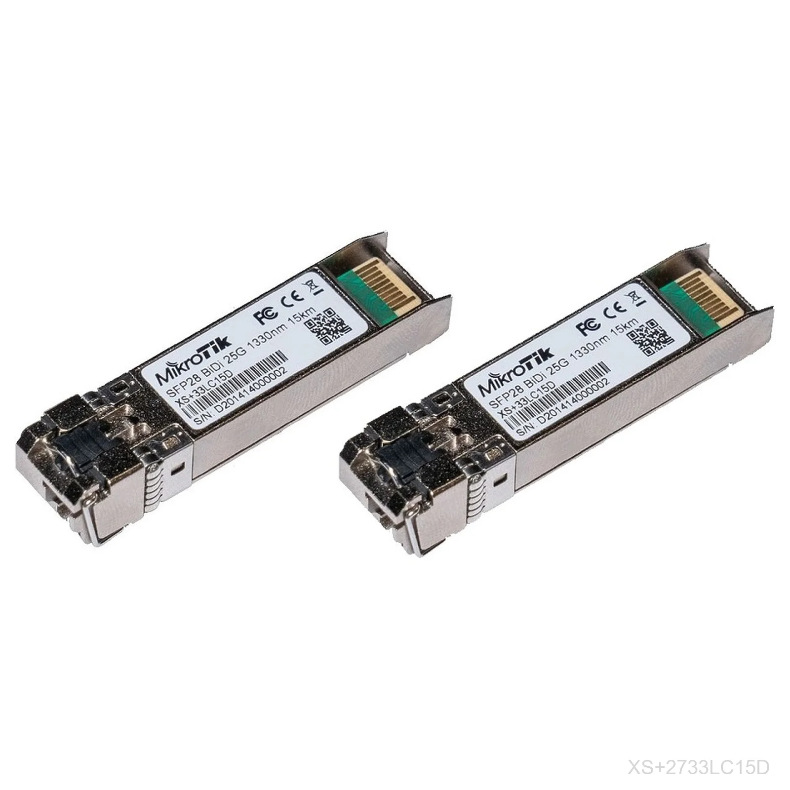 [XS+2733LC15D] MikroTik XS+2733LC15D A kit of two combined 1.25G SFP, 10G SFP+ and 25G SFP28 modules. 15 km, 1270nm + 1330nm.